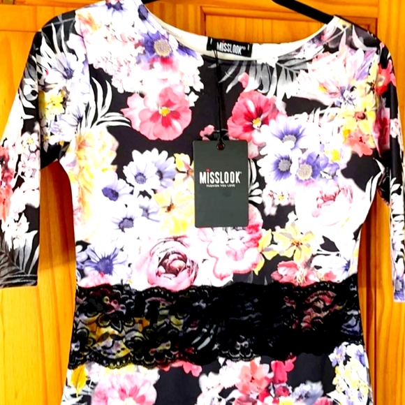 BNWT Misslook Black & Multi Floral Lace Detail Summer Midi Dress UK 10 - Picture 2 of 6